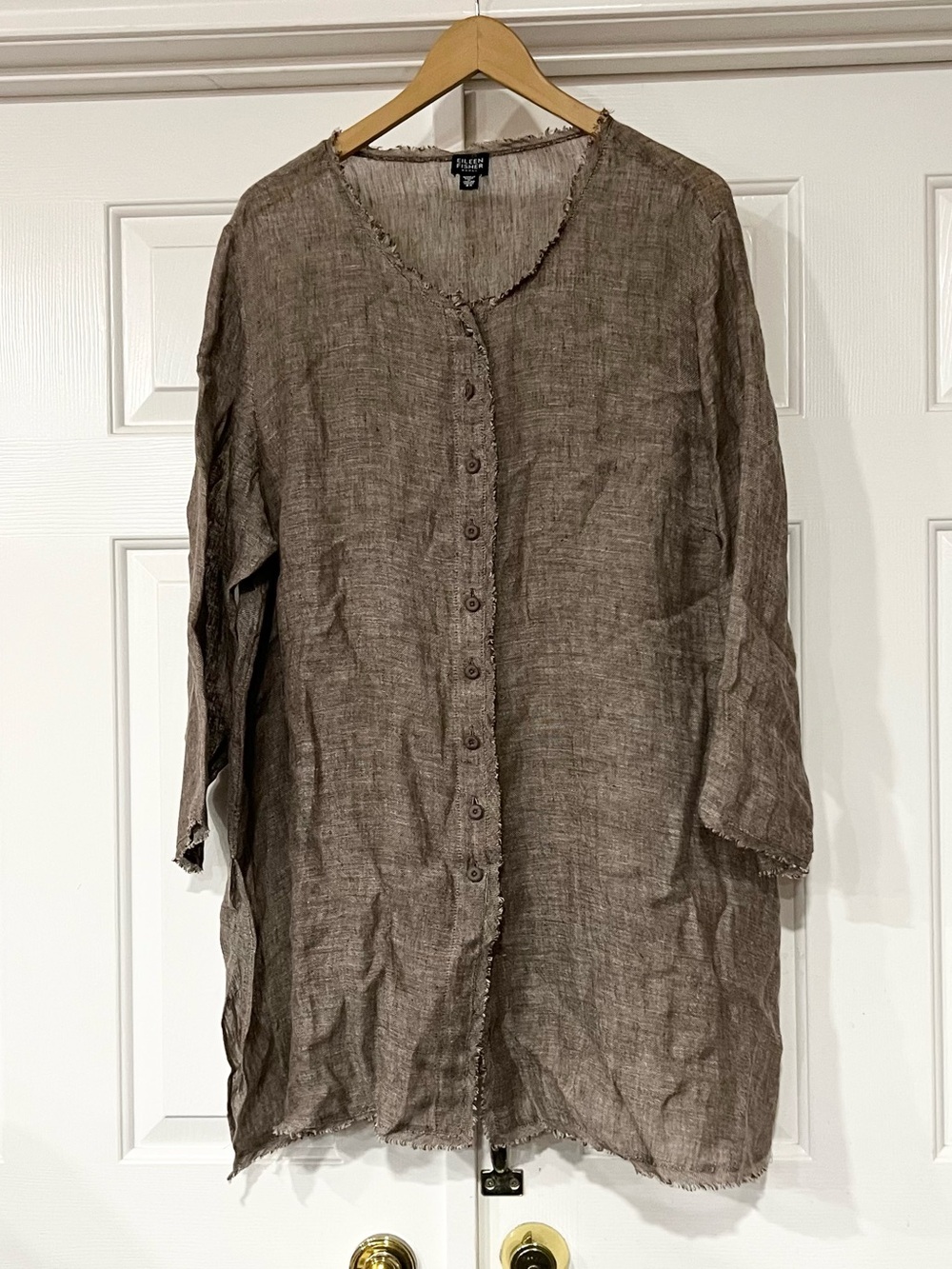 Eileen Fisher | 100% Linen Fringed Collar Tunic Long Sleeve Gauze Flowy Top